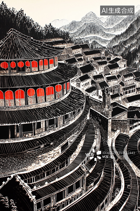 【AI数字艺术】土楼中国建筑插画图片素材