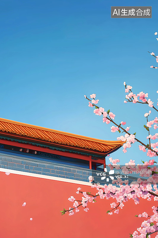 【AI数字艺术】中国风宫殿外盛开的桃花图片素材