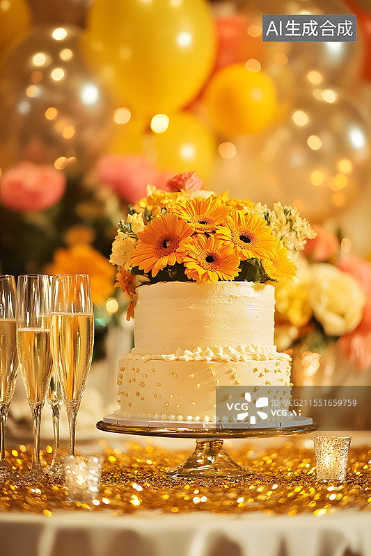 【AI数字艺术】放在桌子上的鲜花装饰蛋糕图片素材