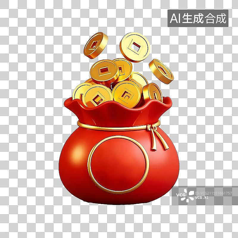 【AI数字艺术】电商促销基金金融保险题材金币和红色福袋3D渲染免扣元素图片素材