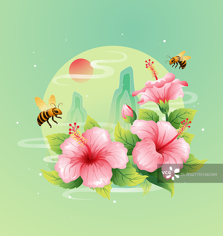 新中式二十四节气夏至 和木槿花矢量插画图片素材