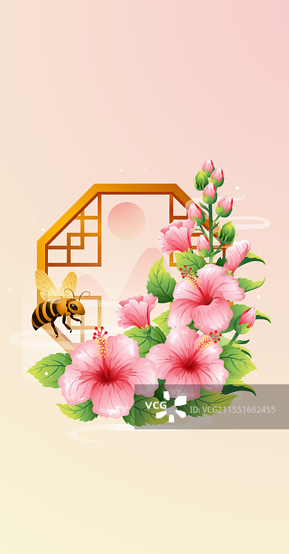新中式二十四节气夏至 和木槿花矢量插画图片素材