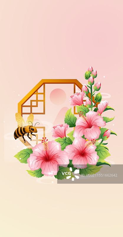 新中式二十四节气夏至 和木槿花矢量插画图片素材