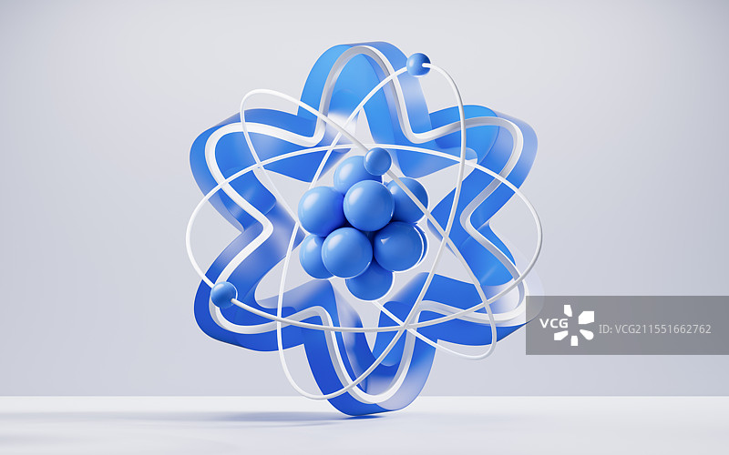 原子与蓝色几何体背景三维渲染图片素材