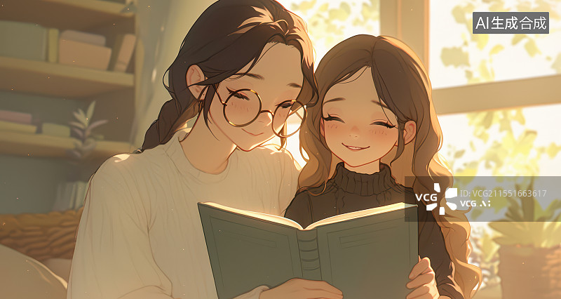 【AI数字艺术】母亲拿着书本给孩子讲故事的温馨画面图片素材