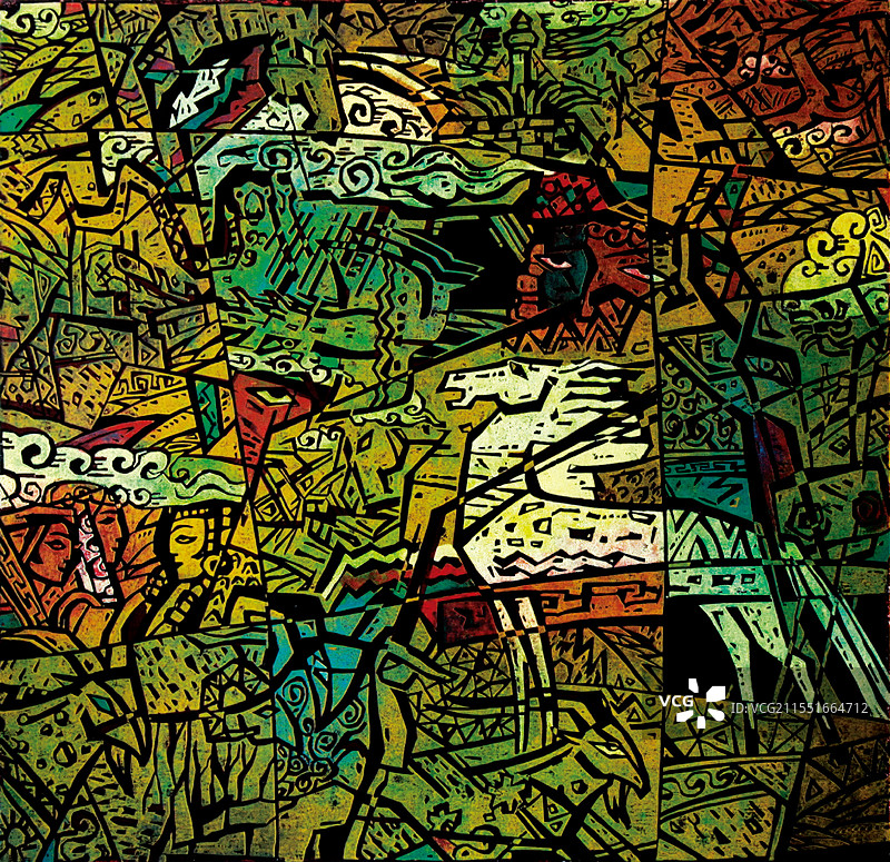 《天上草原》套色木刻图片素材