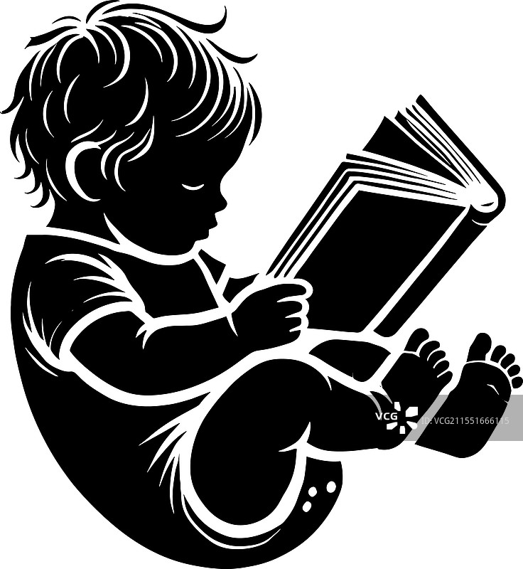 可爱的小宝宝阅读书籍的剪影，孤立背景图片素材