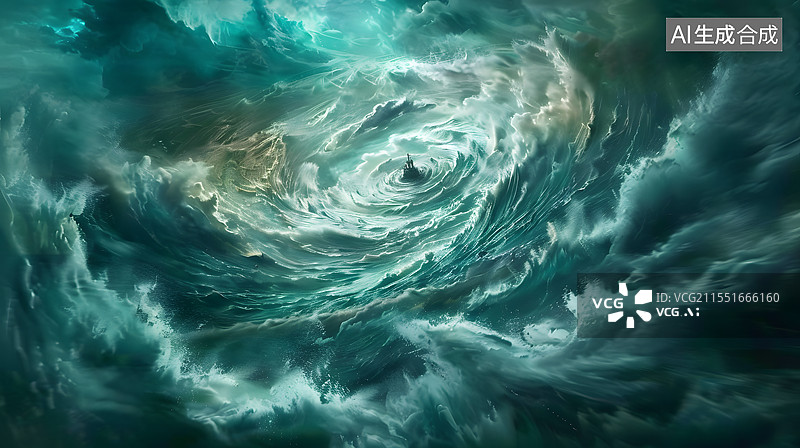 【AI数字艺术】气旋在蓝绿色的云层中旋转科幻灾难台风图片素材