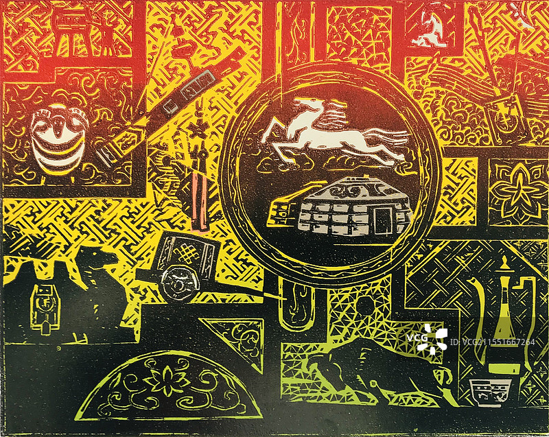 《祥和的空间》套色木刻图片素材