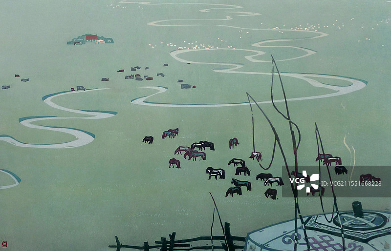 《原上牧歌》套色木刻图片素材