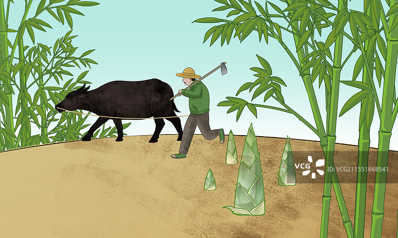 中国风新中式古风古典传统文化田园风光世外桃源春天春季竹林竹笋劳作耕田耕牛土地风光插画图片素材