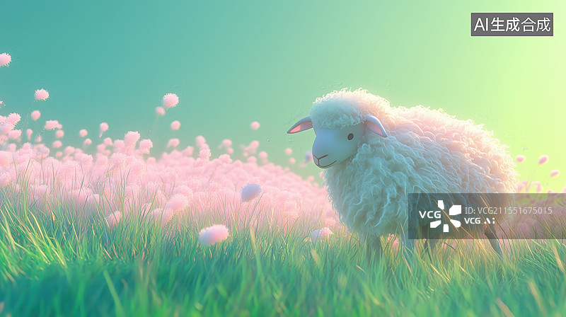 【AI数字艺术】春天晴朗天气有花的草原上的绵羊3D卡通立体插画图片素材