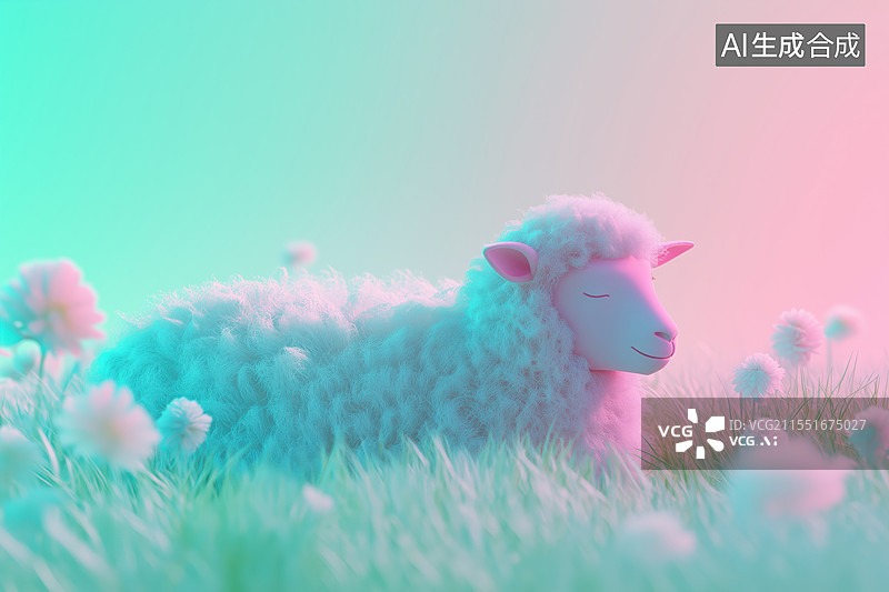 【AI数字艺术】春天晴朗天气有花的草原上的绵羊3D卡通立体插画图片素材