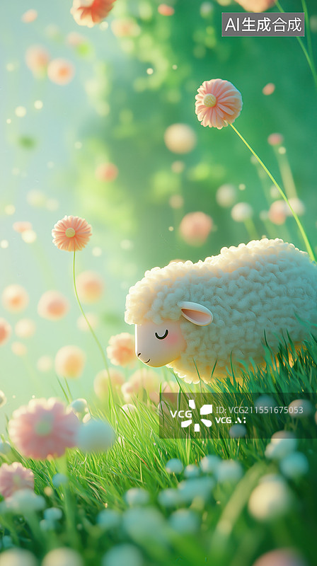 【AI数字艺术】春天晴朗天气有花的草原上的绵羊3D卡通立体插画图片素材