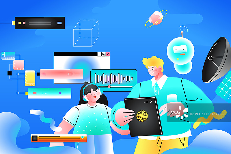 卡通商务科技概念人工智能机器数据检索开发程序工具编程对话灵感沟通电商渐变矢量插画图片素材