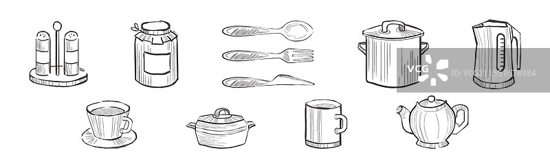 厨房炊具和用具的素描图图片素材