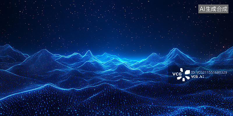 【AI数字艺术】抽象光效粒子波浪线夜晚城市地形科技感背景图片素材