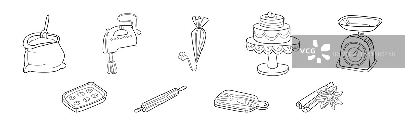烘焙厨房物品和用品涂鸦线条图片素材