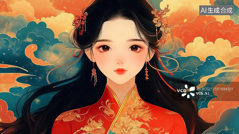 【AI数字艺术】穿着中国传统服饰的女生肖像插画图片素材