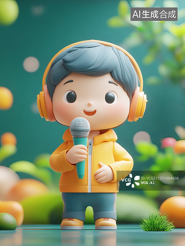 【AI数字艺术】AIGC：3D卡通人物手拿麦克风带着耳机的说唱歌手图片素材