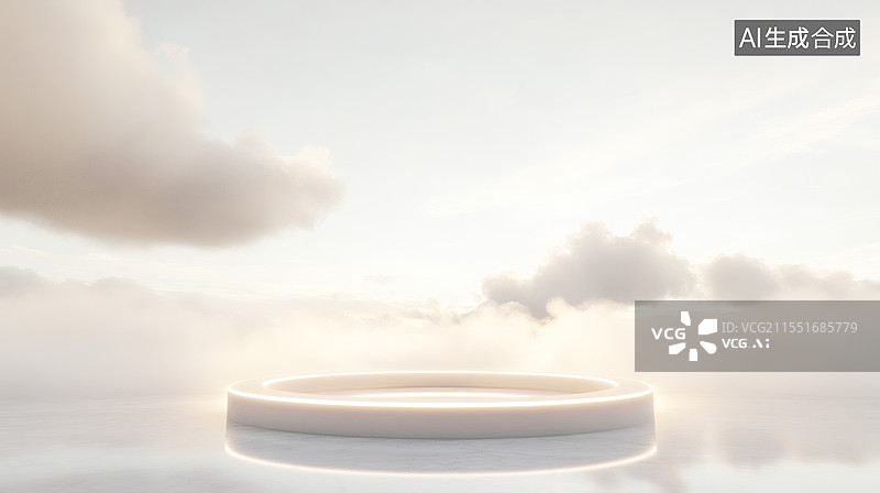 【AI数字艺术】AIGC：科技感天空下圆形底座产品展台 电子商务图片素材