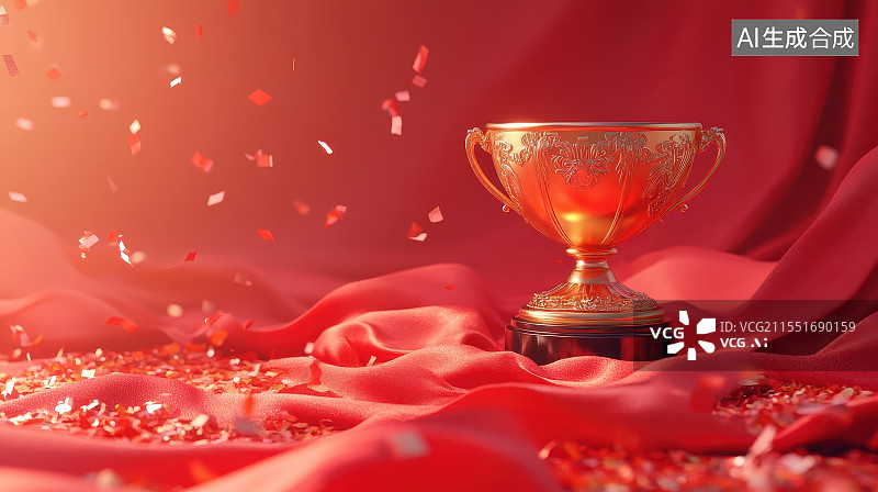 【AI数字艺术】红色背景与金色奖杯，比赛活动获奖庆祝海报背景图片素材