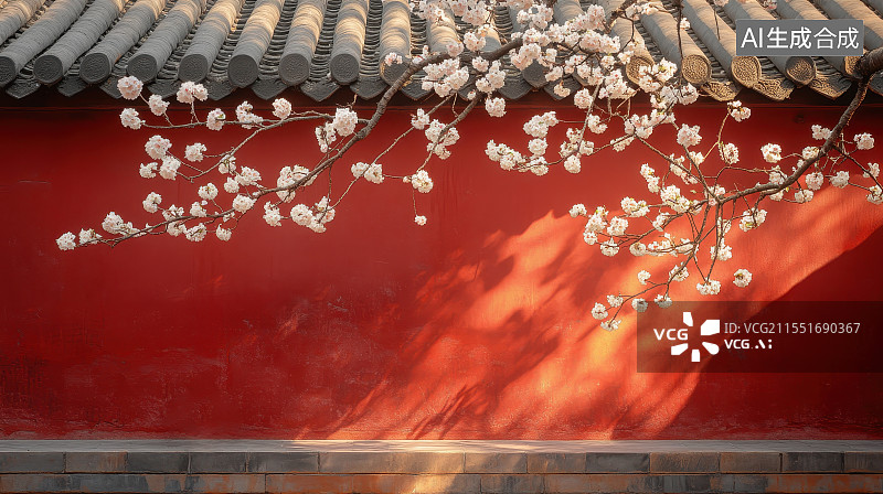 【AI数字艺术】东方古建筑古典红墙背景和春天盛开的桃花樱花植物图片素材