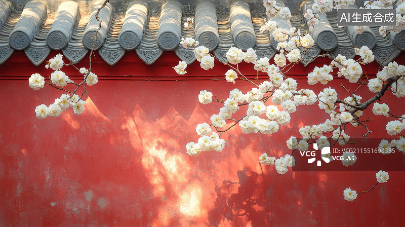 【AI数字艺术】东方古建筑古典红墙背景和春天盛开的桃花樱花植物图片素材