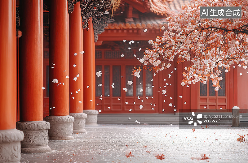 【AI数字艺术】东方古建筑古典红色柱子散落地面的花和春天盛开的桃花樱花植物图片素材