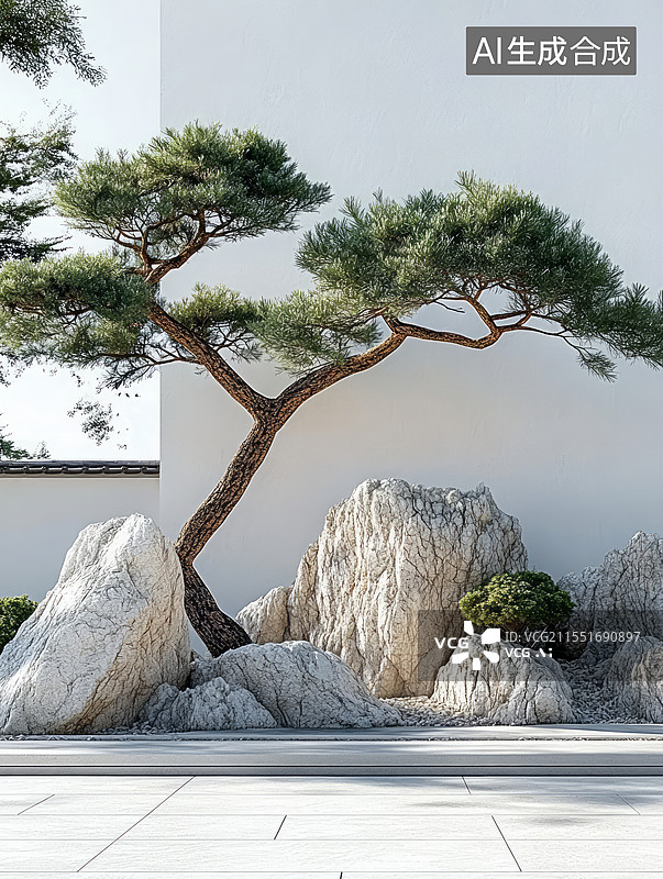 【AI数字艺术】中国古典园林假山石罗汉松造型背景图片素材