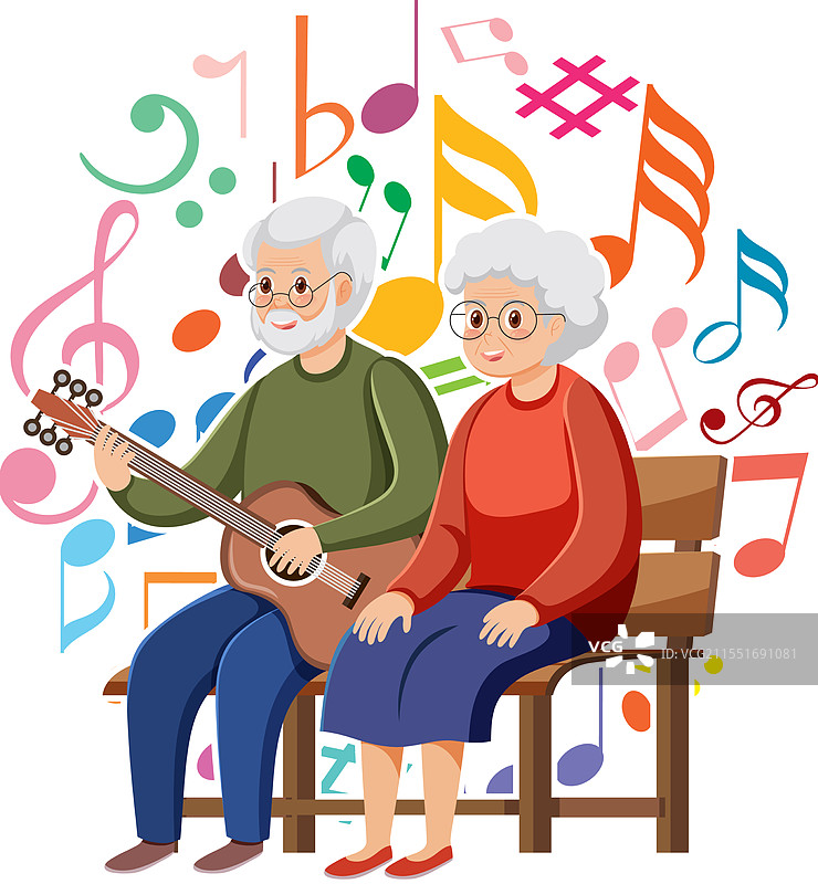 快乐的老年人手持吉他，周围环绕着五彩缤纷的音符图片素材