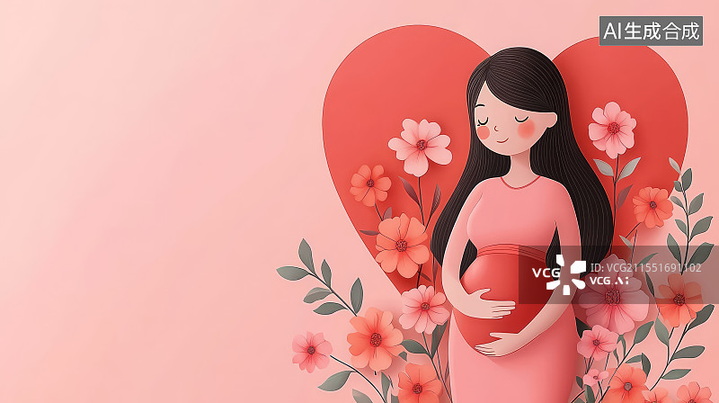 【AI数字艺术】幸福的孕妇抚摸肚子卡通插画，二胎生育概念图片素材