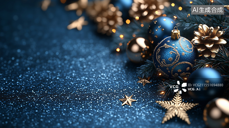 【AI数字艺术】蓝色背景下圣诞装饰背景图片素材