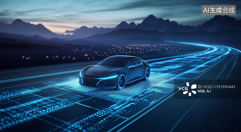 【AI数字艺术】未来概念汽车行驶在发光的路上图片素材