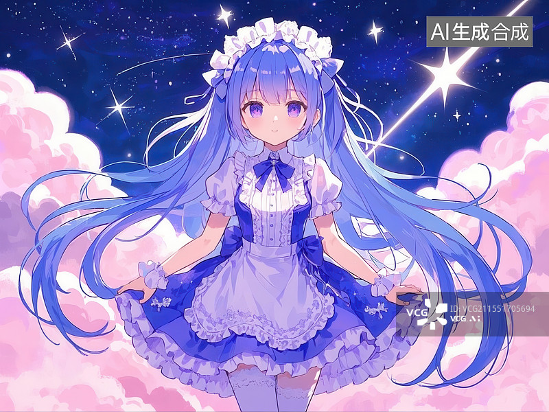 【AI数字艺术】梦幻星空下的女仆少女动漫风格插画图片素材