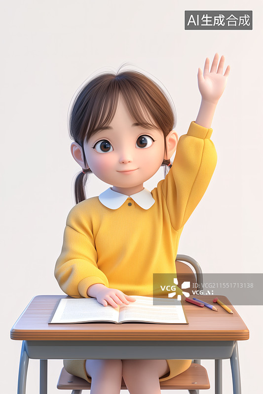 【AI数字艺术】3D开学季桌前举手的学生图片素材