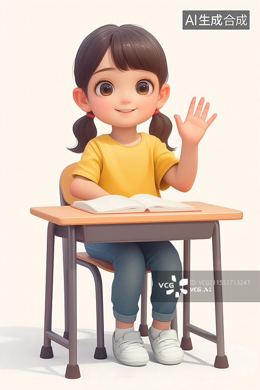 【AI数字艺术】3D开学季桌前举手的学生图片素材