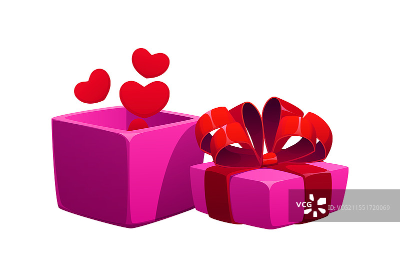 卡通风格的打开的粉色礼盒，伴随着漂浮的爱心图片素材