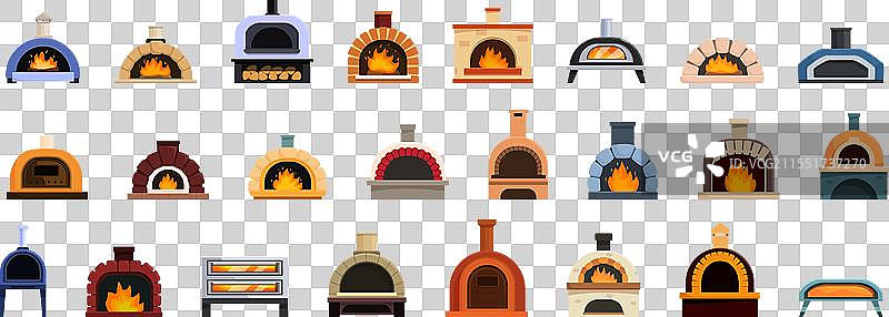 卡通意大利披萨烤箱图标集图片素材