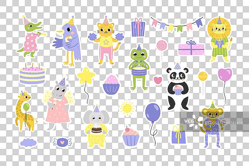 生日派对动物手绘贴纸套装图片素材