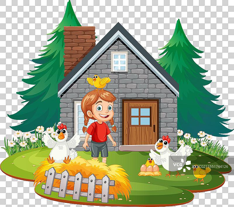 微笑的男孩在户外被鸡围绕图片素材