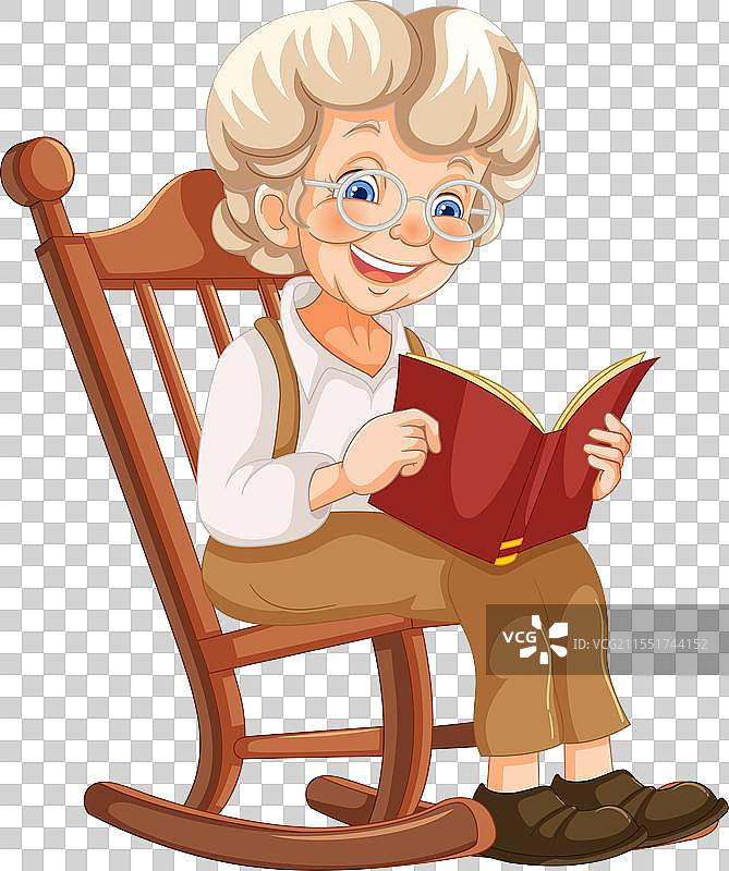 一位老年女性坐在摇椅上阅读一本书图片素材