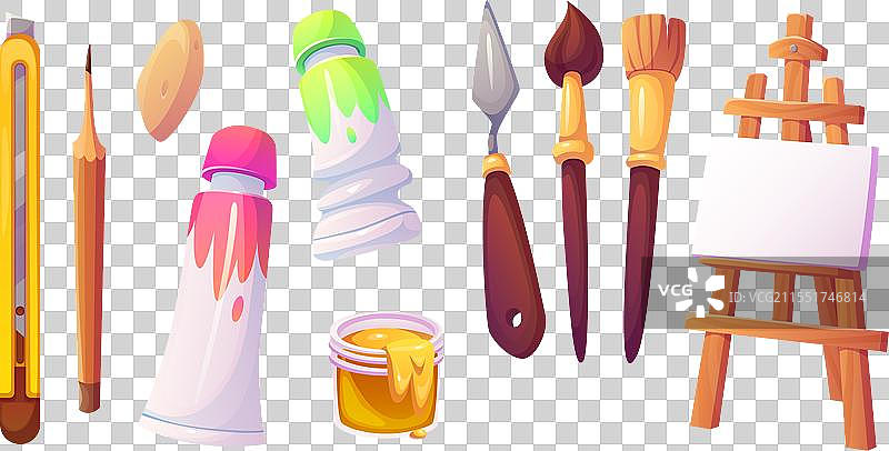 艺术家用的卡通画架和画笔工具图片素材