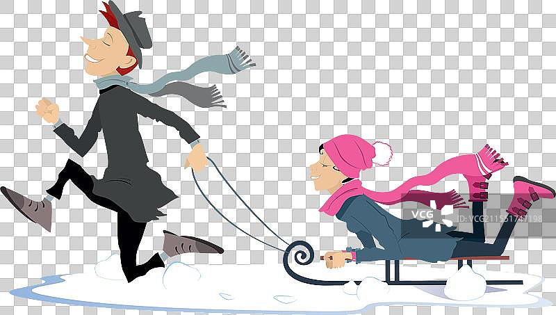年轻男子在滑雪橇上带着快乐的女孩图片素材