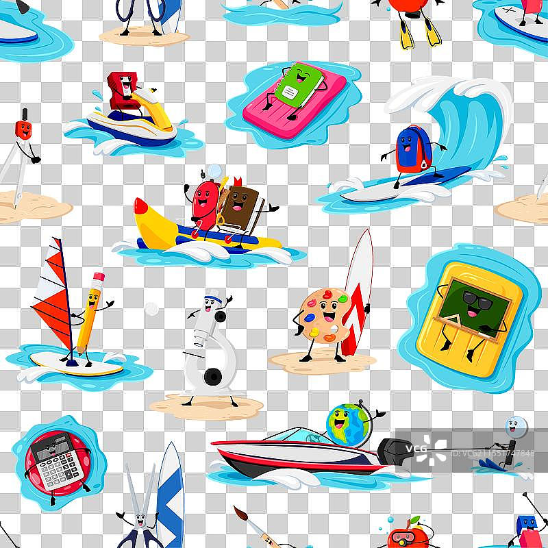 卡通学校用品角色在夏季海滩上图片素材