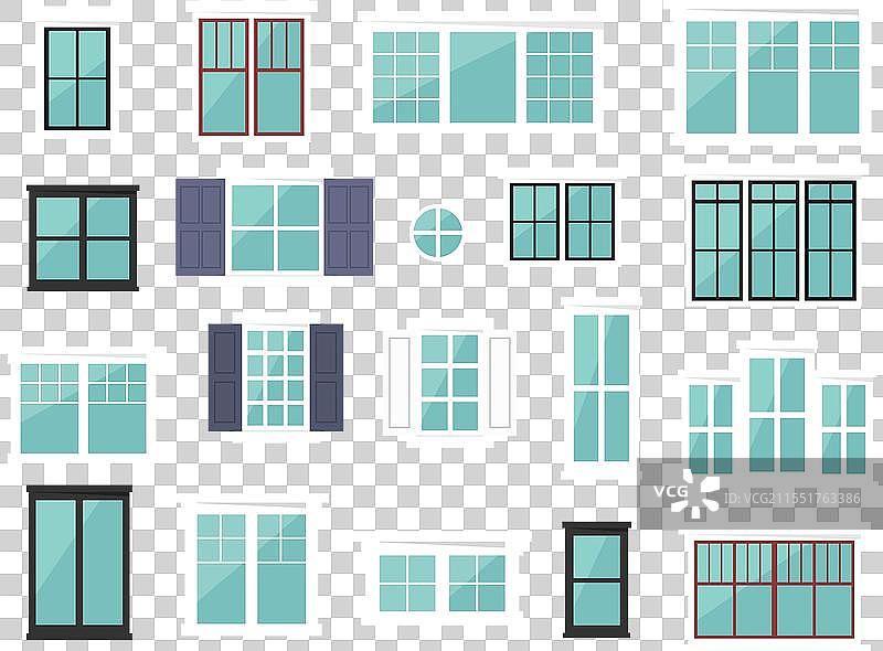 房屋前窗，设置各种木质和其他材料图片素材