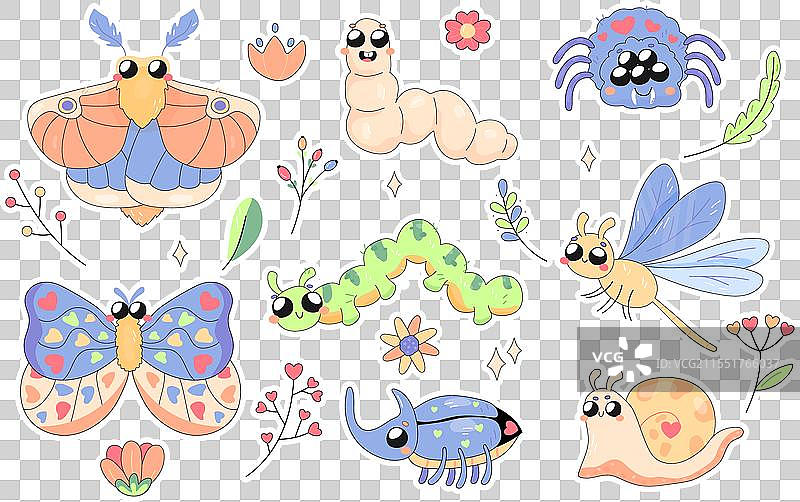 一组可爱的昆虫、虫子、蛾子、蜘蛛和蠕虫图片素材