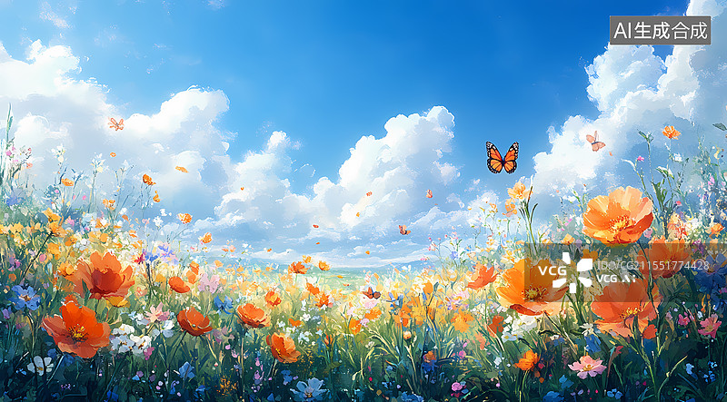 【AI数字艺术】春日花海插画图片素材