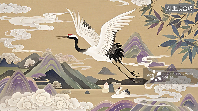 【AI数字艺术】仙鹤与祥云中国风背景图片素材