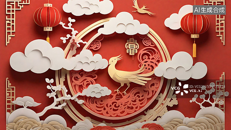 【AI数字艺术】新年剪纸祥云和凤凰元素 立体雕刻衍生品 立体雕刻折纸艺术 红色背景节日场景 年终盛典双11双12图片素材